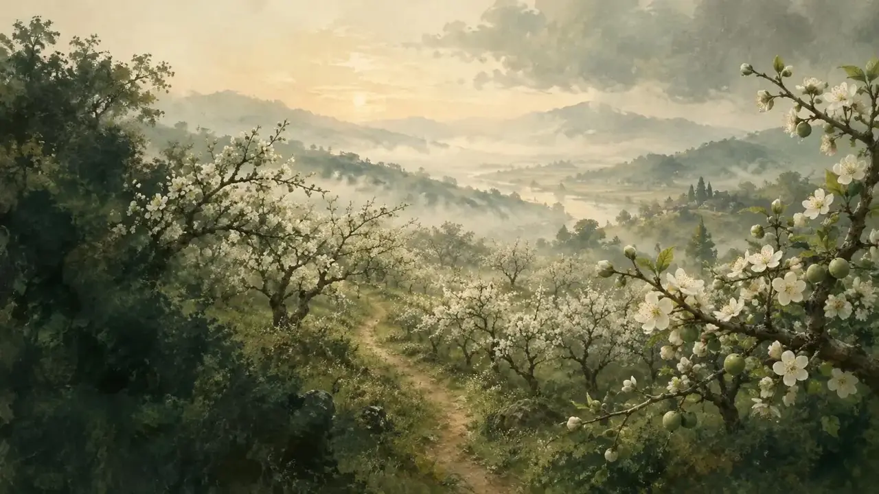花魁短剧网页版首屏，晨雾中的山腰青梅果园与蜿蜒小径插画