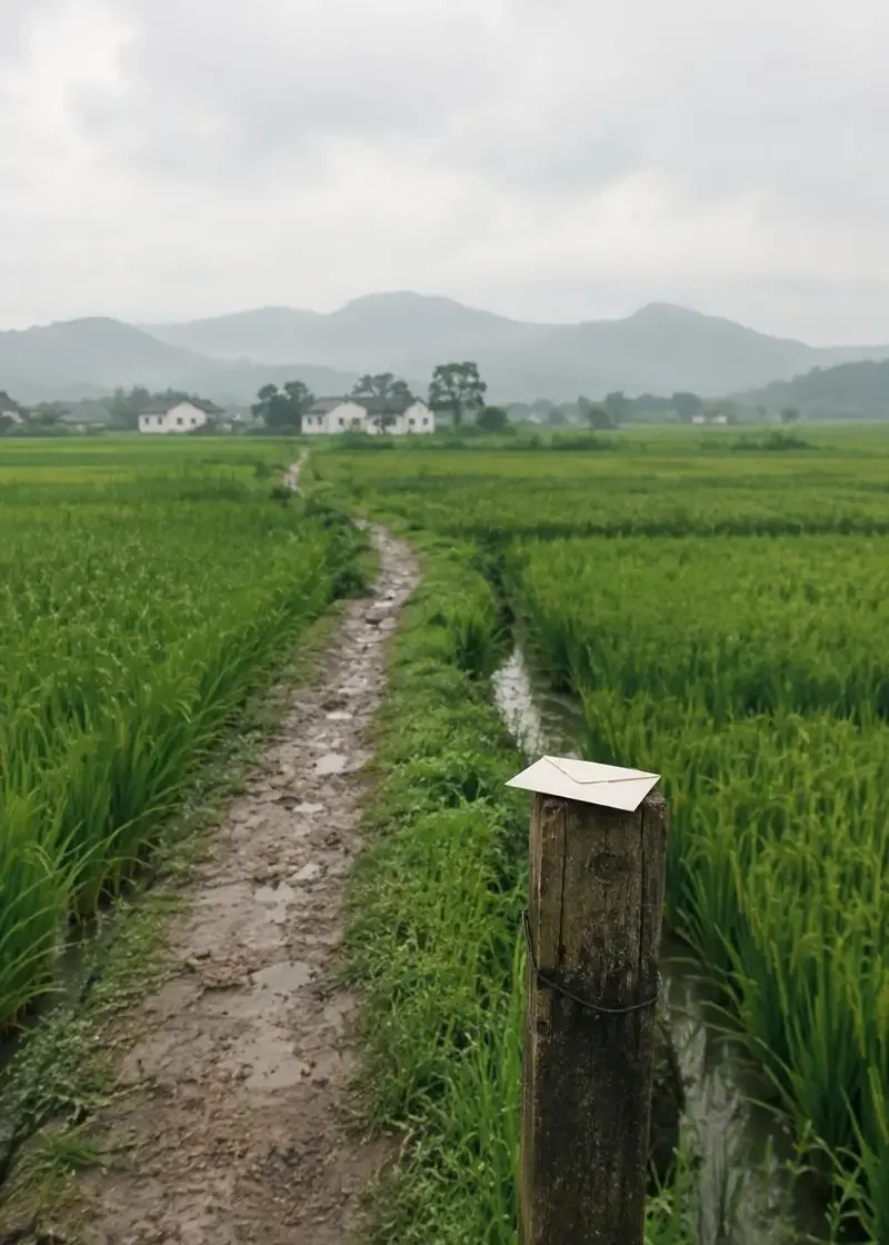 花魁短剧网页版《田埂上的信》封面，雨后田埂与木桩上的一封信