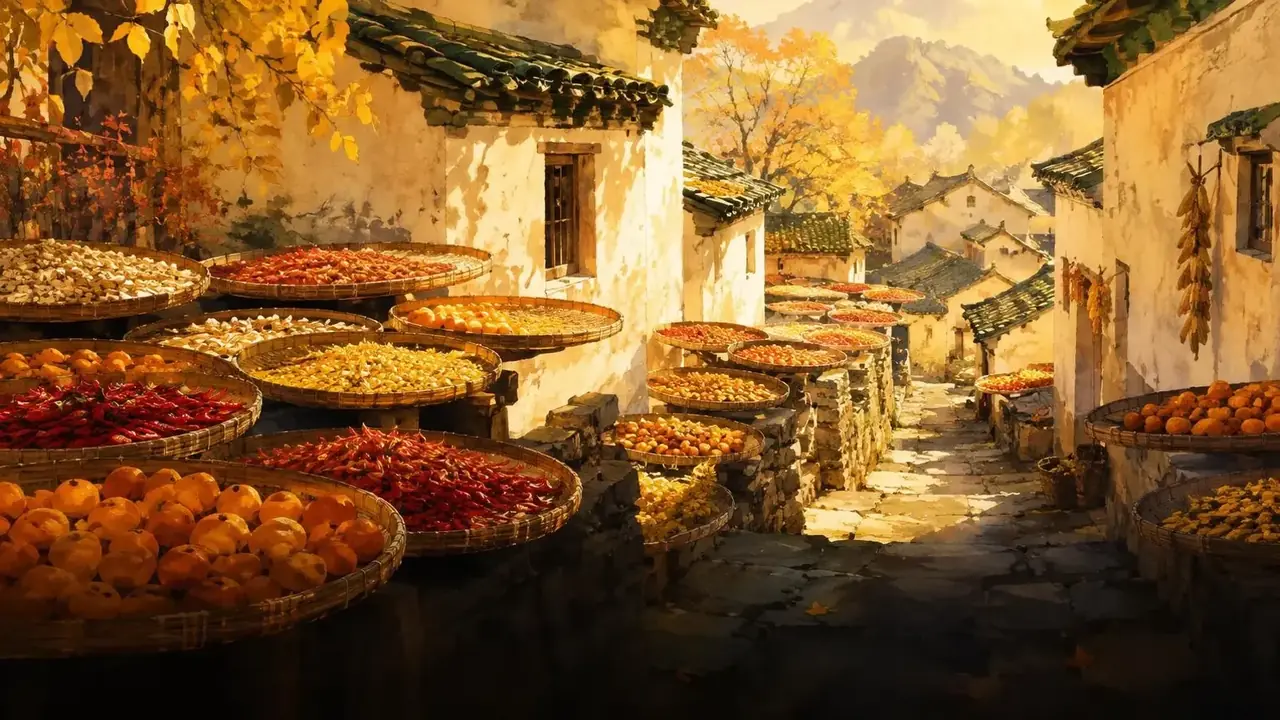 花魁短剧网页版首屏，屋顶竹匾晒秋与院中陶缸插画