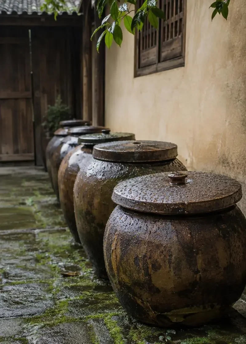 花魁短剧网页版《梅雨后的酱坊》封面，老院里排列的陶缸与雨珠