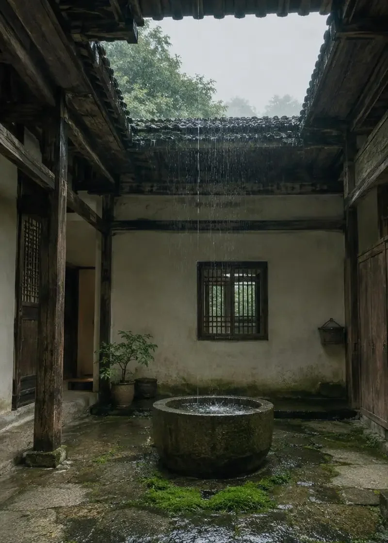 花魁短剧网页版《老屋的天井》封面，老屋天井里落雨与石缸